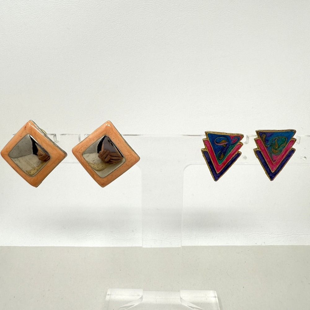 Vintage 80s Geometric Earrings Lot Diamond Triangle Enamel 2-Pairs Multicolor